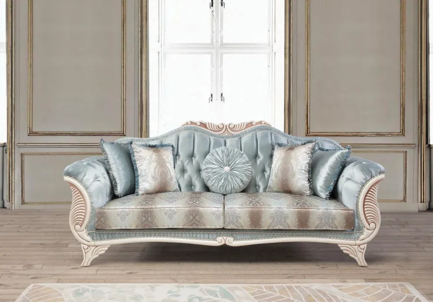 Casa Padrino Luxus Barock Wohnzimmer Sofa mit dekorativen Kissen Türkis / Creme / Bronze 232 x 87 x H. 96 cm - Wohnzimmermöbel im Barockstil