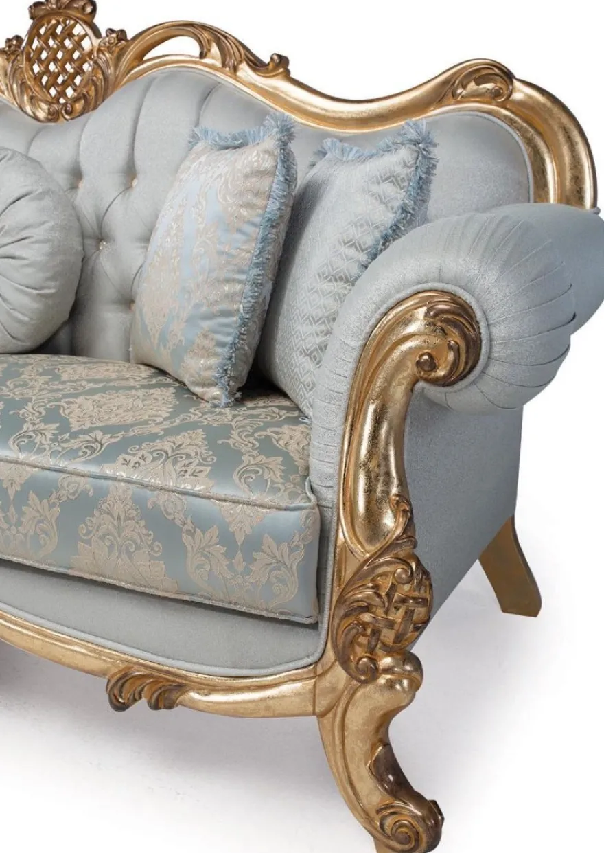 Casa Padrino Luxus Barock Wohnzimmer Sofa mit dekorativen Kissen Hellblau / Türkis / Gold 222 x 82 x H. 120 cm - Barock Wohnzimmermöbel