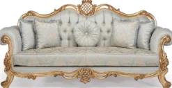Casa Padrino Luxus Barock Wohnzimmer Sofa mit dekorativen Kissen Hellblau / Türkis / Gold 222 x 82 x H. 120 cm - Barock Wohnzimmermöbel