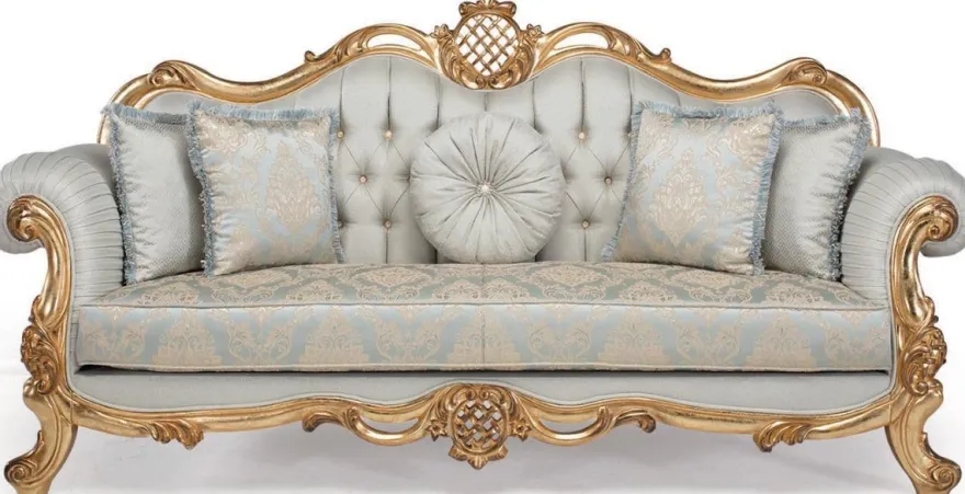 Casa Padrino Luxus Barock Wohnzimmer Sofa mit dekorativen Kissen Hellblau / Türkis / Gold 222 x 82 x H. 120 cm - Barock Wohnzimmermöbel