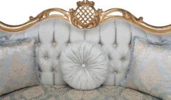 Casa Padrino Luxus Barock Wohnzimmer Sofa mit dekorativen Kissen Hellblau / Türkis / Gold 222 x 82 x H. 120 cm - Barock Wohnzimmermöbel