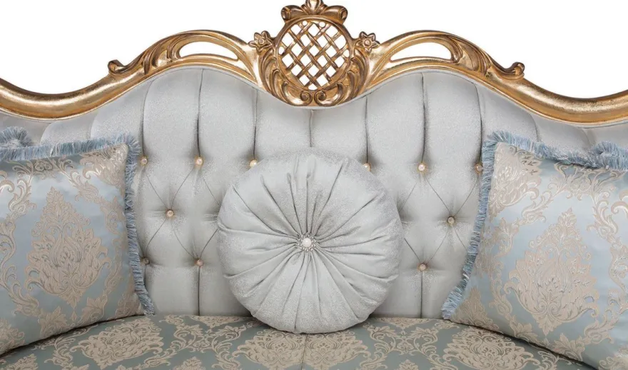 Casa Padrino Luxus Barock Wohnzimmer Sofa mit dekorativen Kissen Hellblau / Türkis / Gold 222 x 82 x H. 120 cm - Barock Wohnzimmermöbel