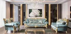 Casa Padrino Luxus Barock Wohnzimmer Sofa Türkis / Gold 233 cm