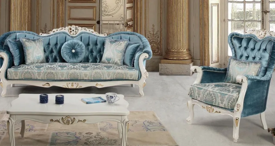 Casa Padrino Luxus Barock Wohnzimmer Set Blau / Weiß / Gold - 2 Sofas & 2 Sessel & 1 Couchtisch - Prunkvolle Wohnzimmer Möbel im Barockstil