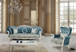 Casa Padrino Luxus Barock Wohnzimmer Set Blau / Weiß / Gold - 2 Sofas & 2 Sessel & 1 Couchtisch - Prunkvolle Wohnzimmer Möbel im Barockstil