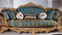 Casa Padrino Luxus Barock Wohnzimmer Set Blau / Weiß / Braun / Gold - 2 Sofas & 2 Sessel & 1 Couchtisch & 2 Beistelltische - Handgefertigte Wohnzimmer Möbel im Barockstil - Edel & Prunkvoll