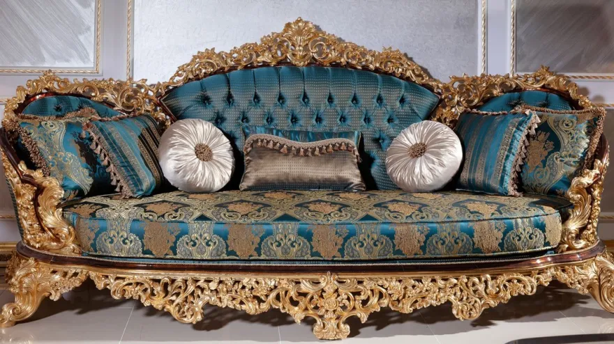 Casa Padrino Luxus Barock Wohnzimmer Set Blau / Weiß / Braun / Gold - 2 Sofas & 2 Sessel & 1 Couchtisch & 2 Beistelltische - Handgefertigte Wohnzimmer Möbel im Barockstil - Edel & Prunkvoll