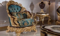 Casa Padrino Luxus Barock Wohnzimmer Set Blau / Weiß / Braun / Gold - 2 Sofas & 2 Sessel & 1 Couchtisch & 2 Beistelltische - Handgefertigte Wohnzimmer Möbel im Barockstil - Edel & Prunkvoll