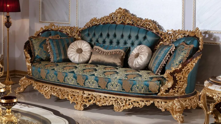 Casa Padrino Luxus Barock Wohnzimmer Set Blau / Weiß / Braun / Gold - 2 Sofas & 2 Sessel & 1 Couchtisch & 2 Beistelltische - Handgefertigte Wohnzimmer Möbel im Barockstil - Edel & Prunkvoll