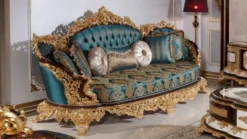 Casa Padrino Luxus Barock Wohnzimmer Set Blau / Weiß / Braun / Gold - 2 Sofas & 2 Sessel & 1 Couchtisch & 2 Beistelltische - Handgefertigte Wohnzimmer Möbel im Barockstil - Edel & Prunkvoll