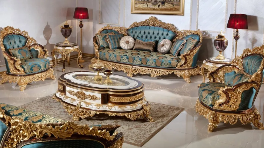 Casa Padrino Luxus Barock Wohnzimmer Set Blau / Weiß / Braun / Gold - 2 Sofas & 2 Sessel & 1 Couchtisch & 2 Beistelltische - Handgefertigte Wohnzimmer Möbel im Barockstil - Edel & Prunkvoll