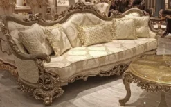 Casa Padrino Luxus Barock Wohnzimmer Set Gold / Grau - 2 Barock Sofas & 2 Barock Sessel & 1 Runder Barock Couchtisch - Luxus Wohnzimmer Möbel im Barockstil - Edel & Prunkvoll