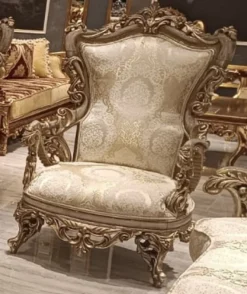 Casa Padrino Luxus Barock Wohnzimmer Set Gold / Grau - 2 Barock Sofas & 2 Barock Sessel & 1 Runder Barock Couchtisch - Luxus Wohnzimmer Möbel im Barockstil - Edel & Prunkvoll