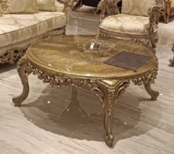 Casa Padrino Luxus Barock Wohnzimmer Set Gold / Grau - 2 Barock Sofas & 2 Barock Sessel & 1 Runder Barock Couchtisch - Luxus Wohnzimmer Möbel im Barockstil - Edel & Prunkvoll