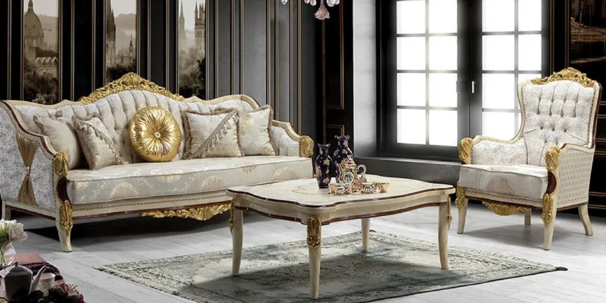 Casa Padrino Luxus Barock Wohnzimmer Set Grau / Weiß / Braun / Gold - 2 Sofas mit Muster & 2 Sessel mit Muster & 1 Couchtisch - Prunkvolle Barock Wohnzimmer Möbel