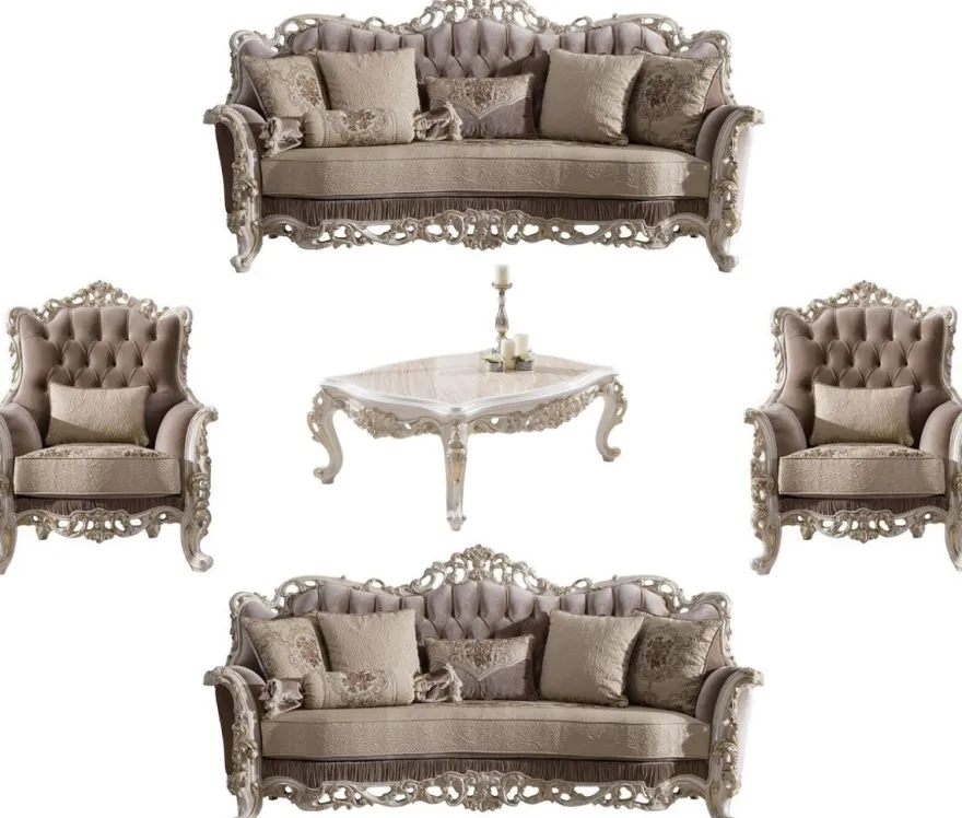 Casa Padrino Luxus Barock Wohnzimmer Set Braun / Beige / Weiß / Gold - 2 Sofas & 2 Sessel & 1 Couchtisch - Edle Barock Wohnzimmer Möbel