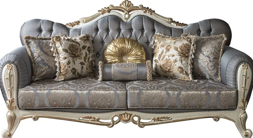 Casa Padrino Luxus Barock Wohnzimmer Sofa mit Glitzersteinen und dekorativen Kissen Blau / Weiß / Gold 220 x 85 x H. 110 cm - Edle Wohnzimmer Möbel im Barockstil
