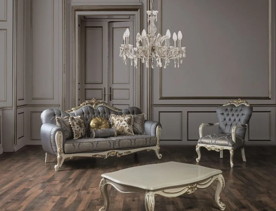 Casa Padrino Luxus Barock Wohnzimmer Sofa mit Glitzersteinen und dekorativen Kissen Blau / Weiß / Gold 220 x 85 x H. 110 cm - Edle Wohnzimmer Möbel im Barockstil