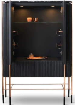 Casa Padrino Luxus Barschrank Schwarz / Matt Schwarz / Kupfer 104 x 52 x H. 150 cm - Beleuchteter Weinschrank mit 2 Türen - Wohnzimmer Möbel - Bar Möbel - Hotel Möbel - Luxus Kollektion