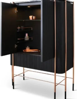 Casa Padrino Luxus Barschrank Schwarz / Matt Schwarz / Kupfer 104 x 52 x H. 150 cm - Beleuchteter Weinschrank mit 2 Türen - Wohnzimmer Möbel - Bar Möbel - Hotel Möbel - Luxus Kollektion