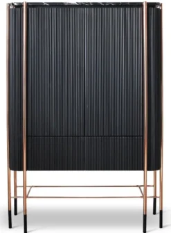 Casa Padrino Luxus Barschrank Schwarz / Matt Schwarz / Kupfer 104 x 52 x H. 150 cm - Beleuchteter Weinschrank mit 2 Türen - Wohnzimmer Möbel - Bar Möbel - Hotel Möbel - Luxus Kollektion