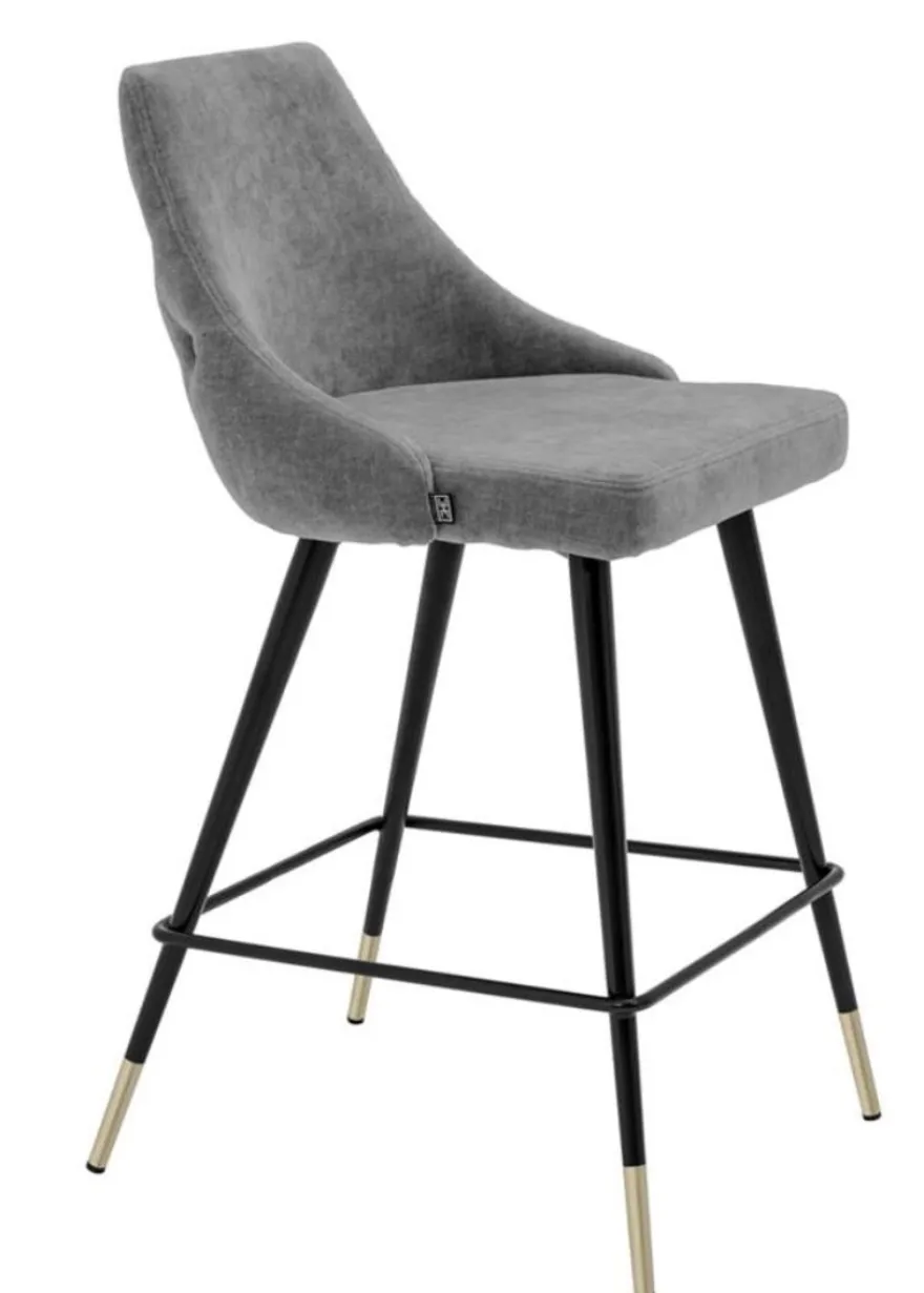 Casa Padrino Luxus Barstuhl Barhocker in Grau und Schwarz mit Messing Akzenten 47 x 52 x H. 91 cm