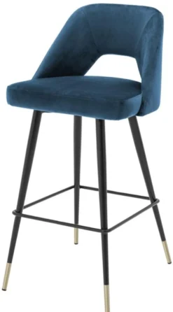 Casa Padrino Luxus Barstuhl Blau / Schwarz 50 x 50 x H. 100 cm - Barhocker mit Rückenlehne und Messing Akzenten