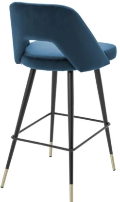Casa Padrino Luxus Barstuhl Blau / Schwarz 50 x 50 x H. 100 cm - Barhocker mit Rückenlehne und Messing Akzenten