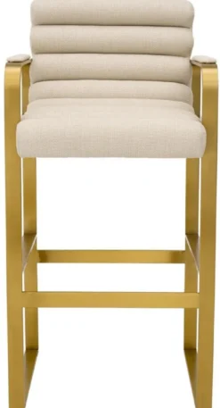 Casa Padrino Luxus Barstuhl mit Armlehnen Sandfarben / Messing 53,5 x 57,5 x H. 107 cm - Gepolsterter Edelstahl Barhocker - Bar Möbel - Luxus Möbel - Luxus Qualität