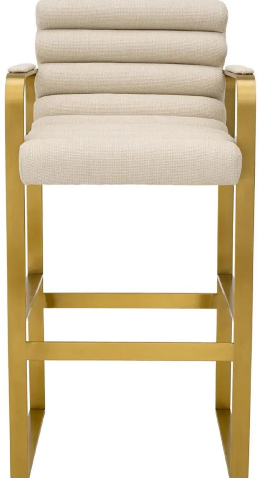 Casa Padrino Luxus Barstuhl mit Armlehnen Sandfarben / Messing 53,5 x 57,5 x H. 107 cm - Gepolsterter Edelstahl Barhocker - Bar Möbel - Luxus Möbel - Luxus Qualität