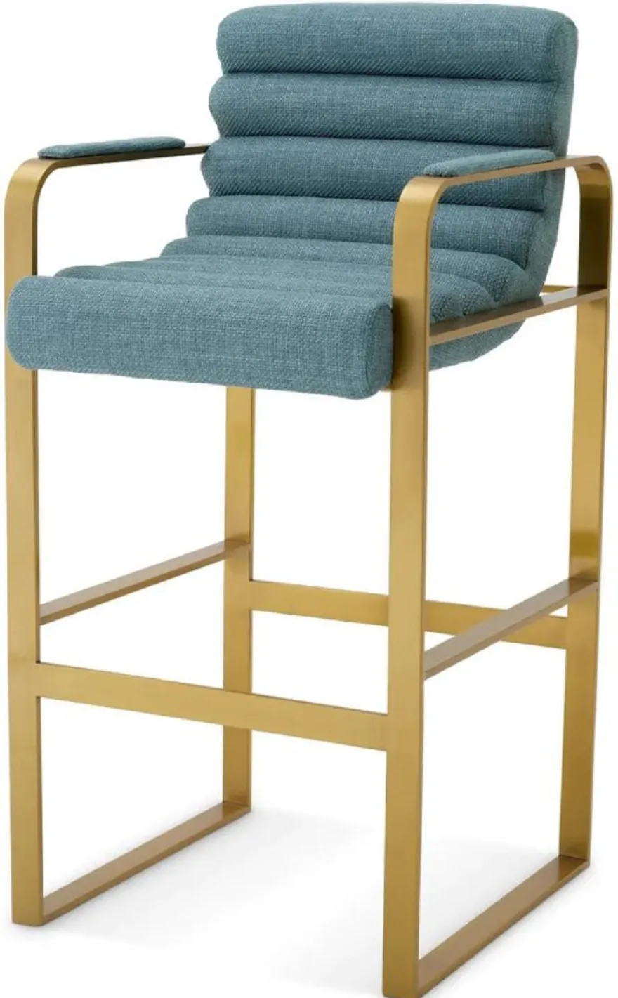 Casa Padrino Luxus Barstuhl mit Armlehnen Blau / Messing 53,5 x 57,5 x H. 107 cm - Gepolsterter Edelstahl Barhocker - Bar Möbel - Luxus Möbel - Luxus Qualität