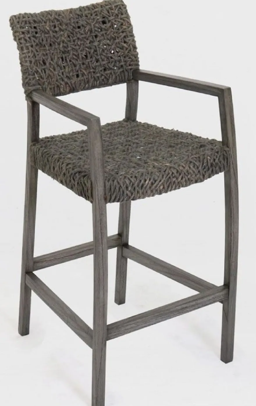 Casa Padrino Luxus Barstuhl mit Armlehnen Grau 55 x 64 x H. 114 cm - Massivholz Stuhl mit edlem Rattangeflecht - Luxus Massivholz Bar Möbel