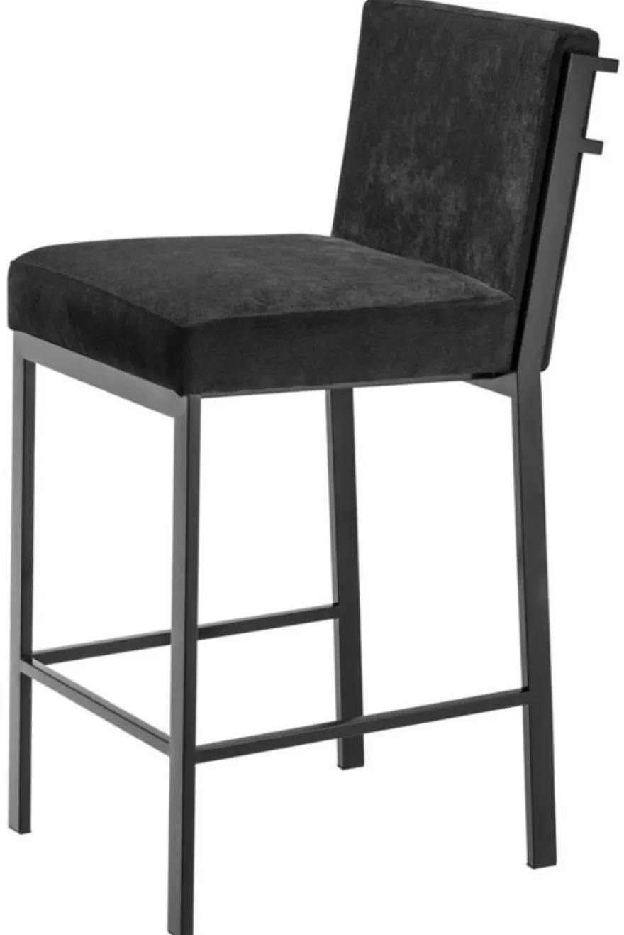 Casa Padrino Luxus Barstuhl Schwarz / Bronze 43 x 54 x H. 91 cm - Designer Edelstahl Barhocker mit Samtstoff - Barmöbel