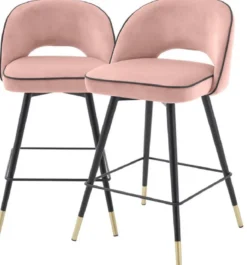 Casa Padrino Luxus Barstuhl Set Rosa / Schwarz / Messingfarben 51 x 52 x H. 92,5 cm - Barstühle mit drehbarer Sitzfläche und edlem Samtsoff - Luxus Bar Möbel