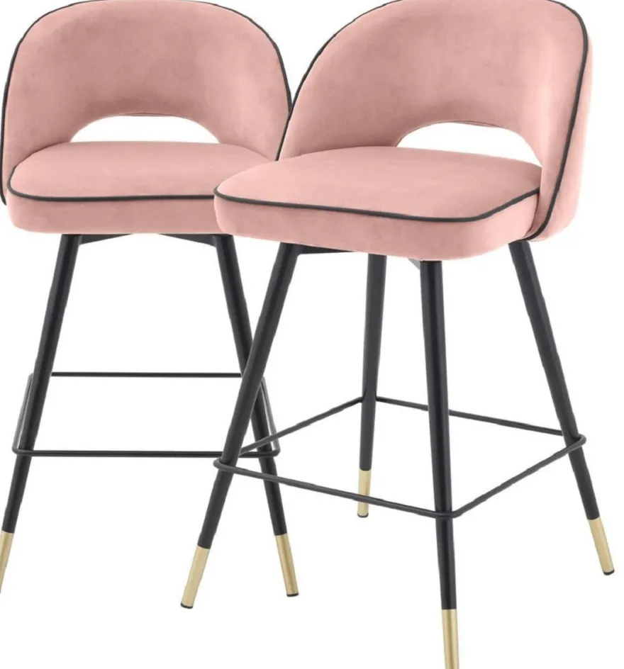Casa Padrino Luxus Barstuhl Set Rosa / Schwarz / Messingfarben 51 x 52 x H. 92,5 cm - Barstühle mit drehbarer Sitzfläche und edlem Samtsoff - Luxus Bar Möbel