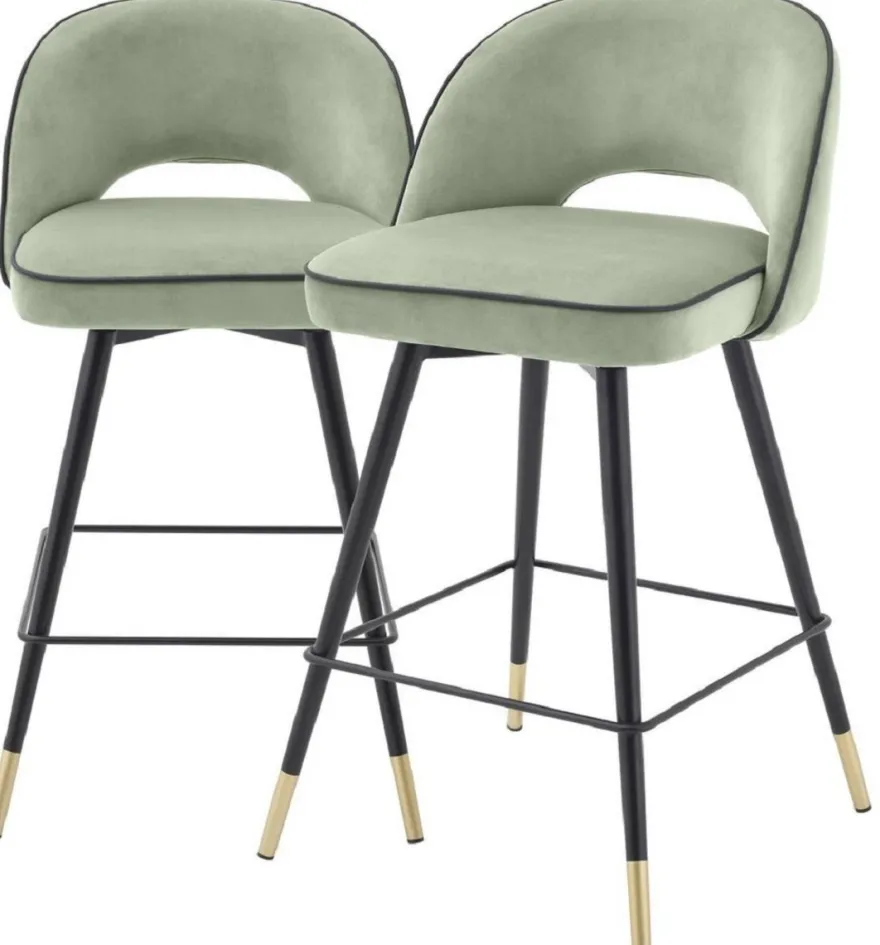 Casa Padrino Luxus Barstuhl Set Pistaziengrün / Schwarz / Messingfarben 51 x 52 x H. 92,5 cm - Barstühle mit drehbarer Sitzfläche und edlem Samtsoff - Luxus Bar Möbel