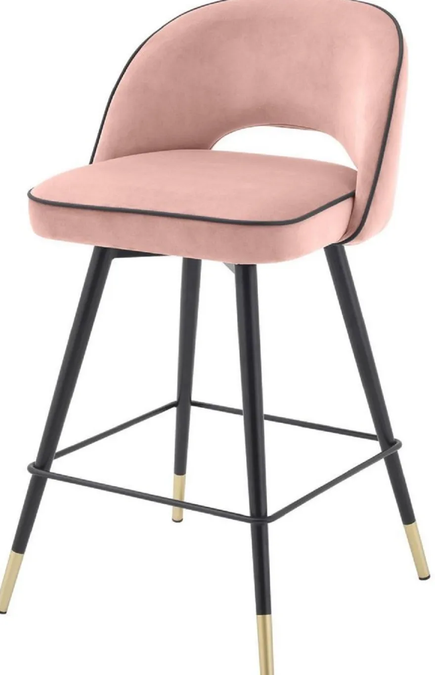 Casa Padrino Luxus Barstuhl Set Rosa / Schwarz / Messingfarben 51 x 52 x H. 103 cm - Barstühle mit drehbarer Sitzfläche und edlem Samtsoff - Luxus Bar Möbel