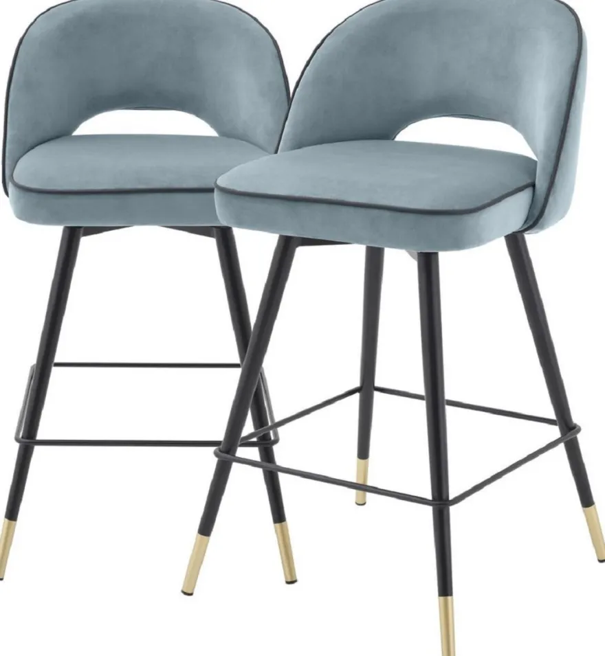 Casa Padrino Luxus Barstuhl Set Blau / Schwarz / Messingfarben 51 x 52 x H. 103 cm - Barstühle mit drehbarer Sitzfläche und edlem Samtsoff - Luxus Bar Möbel