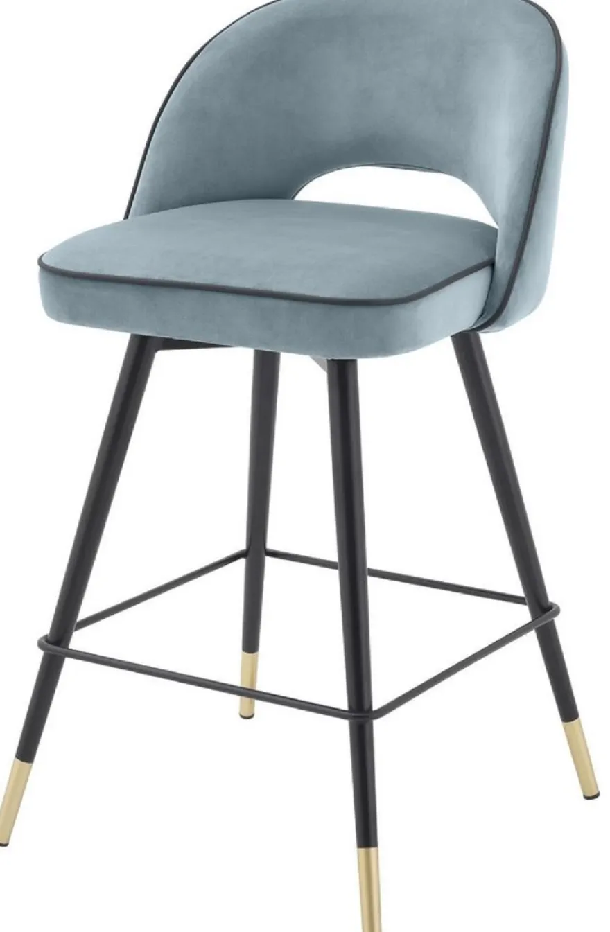 Casa Padrino Luxus Barstuhl Set Blau / Schwarz / Messingfarben 51 x 52 x H. 103 cm - Barstühle mit drehbarer Sitzfläche und edlem Samtsoff - Luxus Bar Möbel