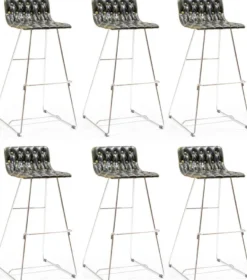 Casa Padrino Luxus Barstuhl Set Schwarz / Gold / Silber 37 x 33 x H. 90 cm - Moderne Barstühle mit Kunstleder - Garten Gastronomie Bar Möbel