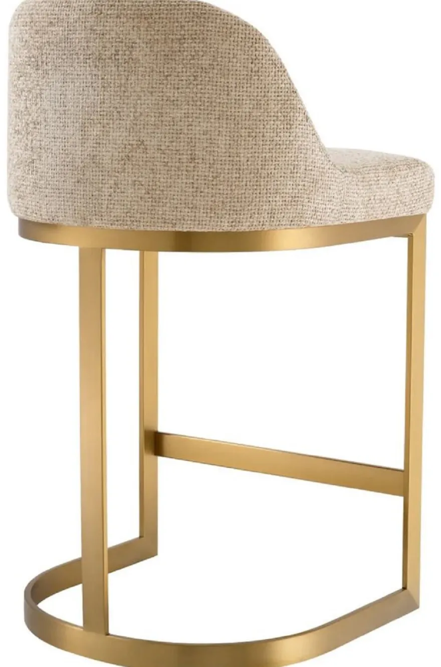 Casa Padrino Luxus Barstuhl Sandfarben / Messing 53 x 48 x H. 91 cm - Gepolsterter Edelstahl Barhocker - Bar Möbel - Luxus Möbel - Luxus Qualität
