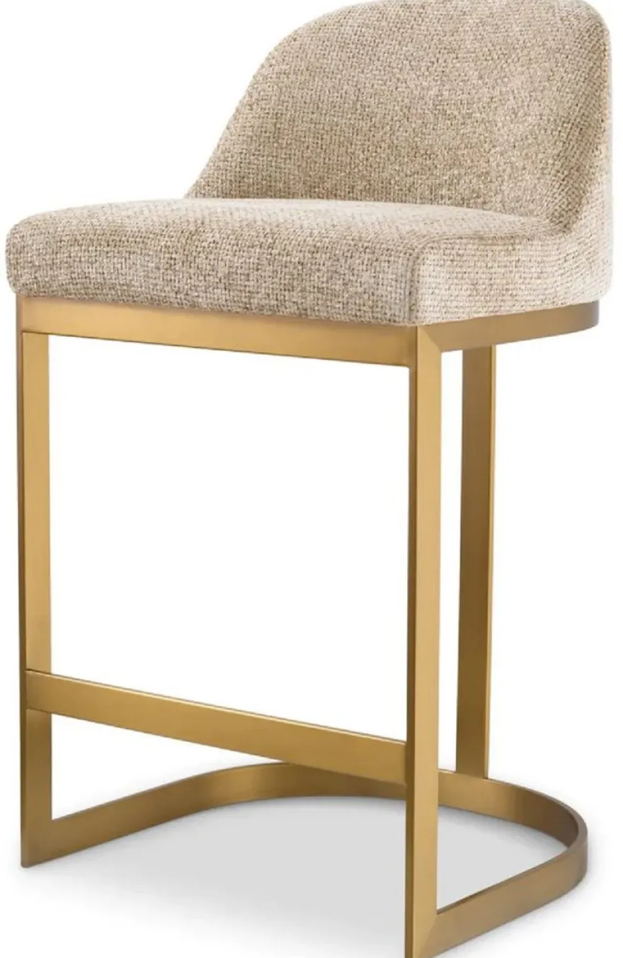 Casa Padrino Luxus Barstuhl Sandfarben / Messing 53 x 48 x H. 91 cm - Gepolsterter Edelstahl Barhocker - Bar Möbel - Luxus Möbel - Luxus Qualität