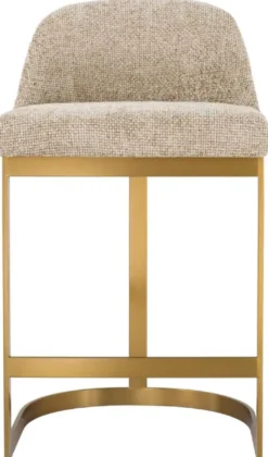 Casa Padrino Luxus Barstuhl Sandfarben / Messing 53 x 48 x H. 91 cm - Gepolsterter Edelstahl Barhocker - Bar Möbel - Luxus Möbel - Luxus Qualität