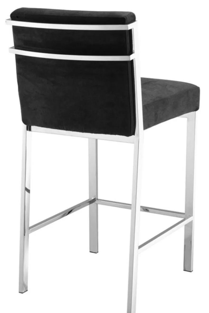 Casa Padrino Luxus Barstuhl Schwarz / Silber 43 x 54 x H. 91 cm - Designer Edelstahl Barhocker mit Samtstoff - Barmöbel