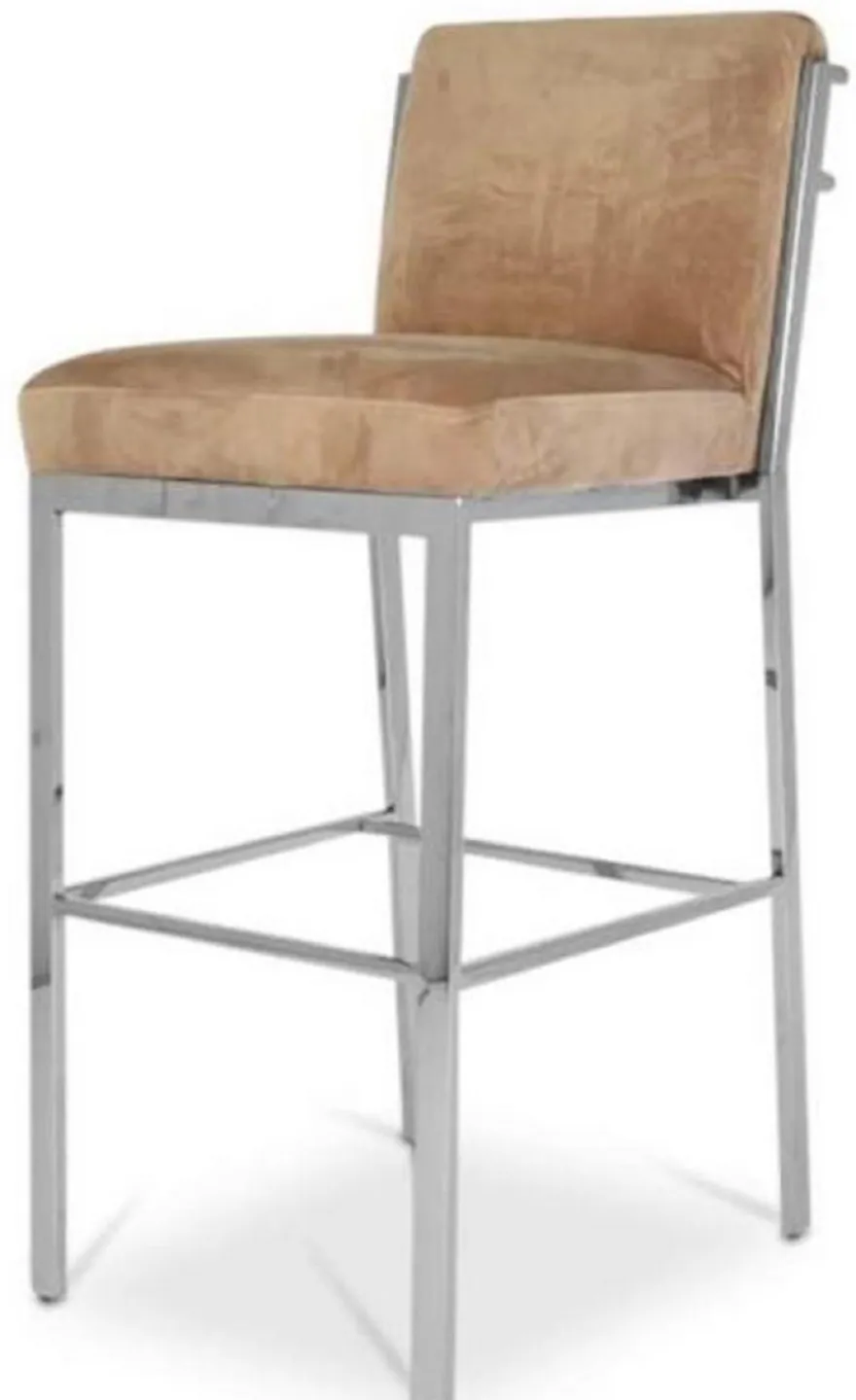 Casa Padrino Luxus Barstuhl Taupe / Silber 43 x 54 x H. 101 cm - Edelstahl Barhocker mit Samtstoff