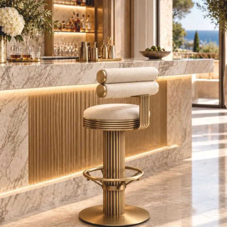 Casa Padrino Luxus Barstuhl Weiß / Messing H. 96 cm - Bar Möbel - Hotel Möbel - Luxus Möbel