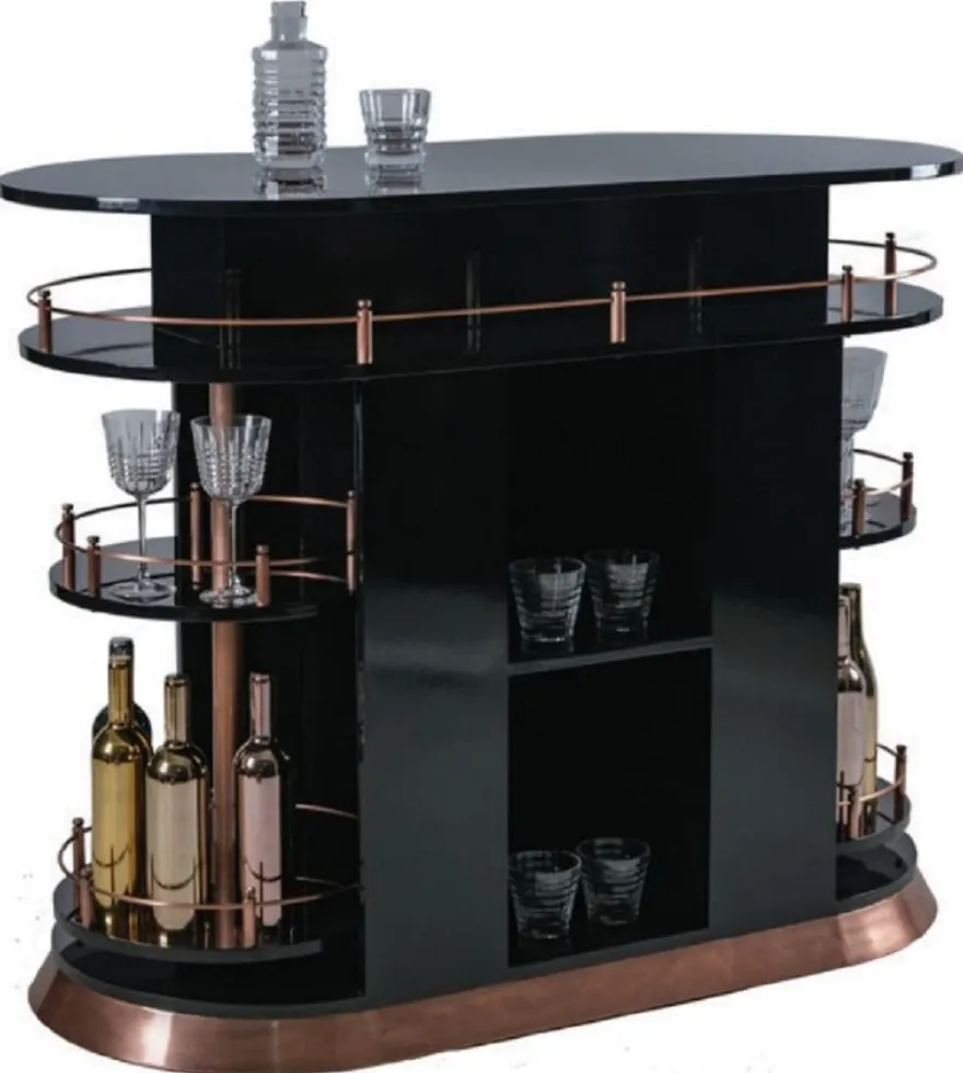 Casa Padrino Luxus Bar Theke Hochglanz Schwarz / Kupfer 135 x 65 x H. 106 cm - Ovaler Massivholz Thekentisch - Massivholz Barmöbel - Luxus Barmöbel - Luxus Möbel
