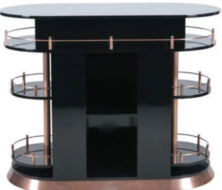 Casa Padrino Luxus Bar Theke Hochglanz Schwarz / Kupfer 135 x 65 x H. 106 cm - Ovaler Massivholz Thekentisch - Massivholz Barmöbel - Luxus Barmöbel - Luxus Möbel