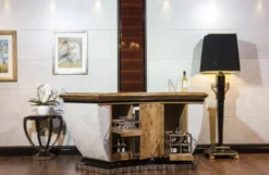 Casa Padrino Luxus Bartheke mit Kühlschrank Weiß / Naturfarben / Dunkelbraun / Grau 225 x 102 x H. 98 cm - Handgefertigter Bartisch - Hausbar - Hotel Möbel - Luxus Qualität - Made in Italy