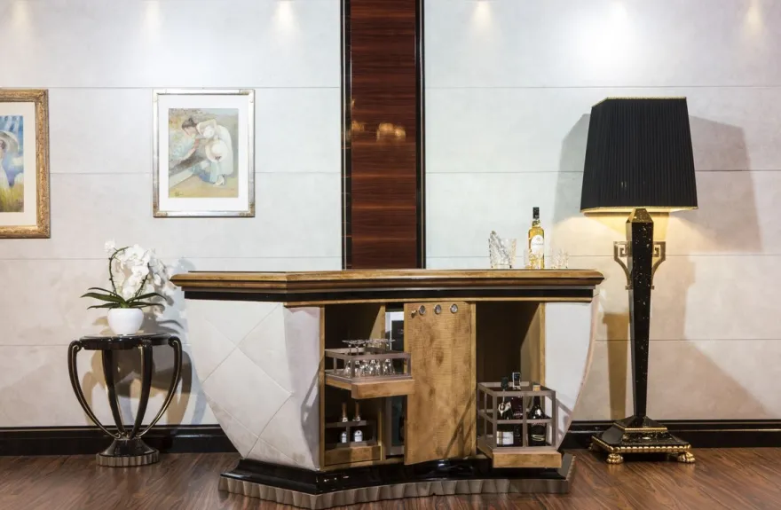 Casa Padrino Luxus Bartheke mit Kühlschrank Weiß / Naturfarben / Dunkelbraun / Grau 225 x 102 x H. 98 cm - Handgefertigter Bartisch - Hausbar - Hotel Möbel - Luxus Qualität - Made in Italy